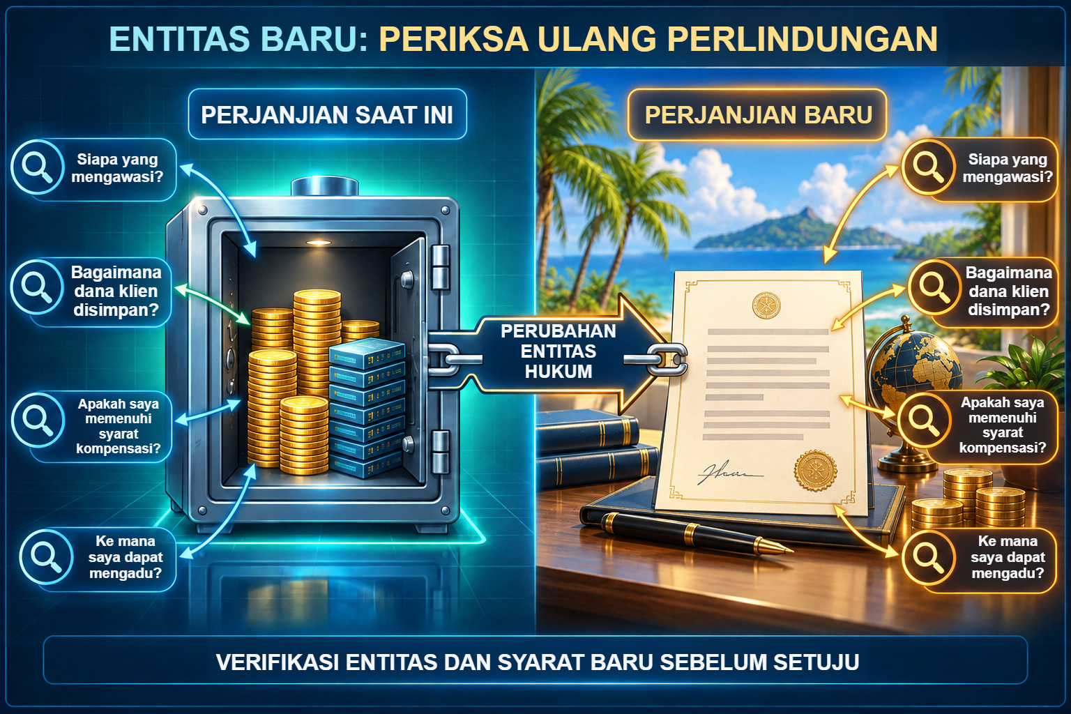 Membandingkan perjanjian saat ini dan perjanjian baru ketika memindahkan akun ke entitas hukum lain.