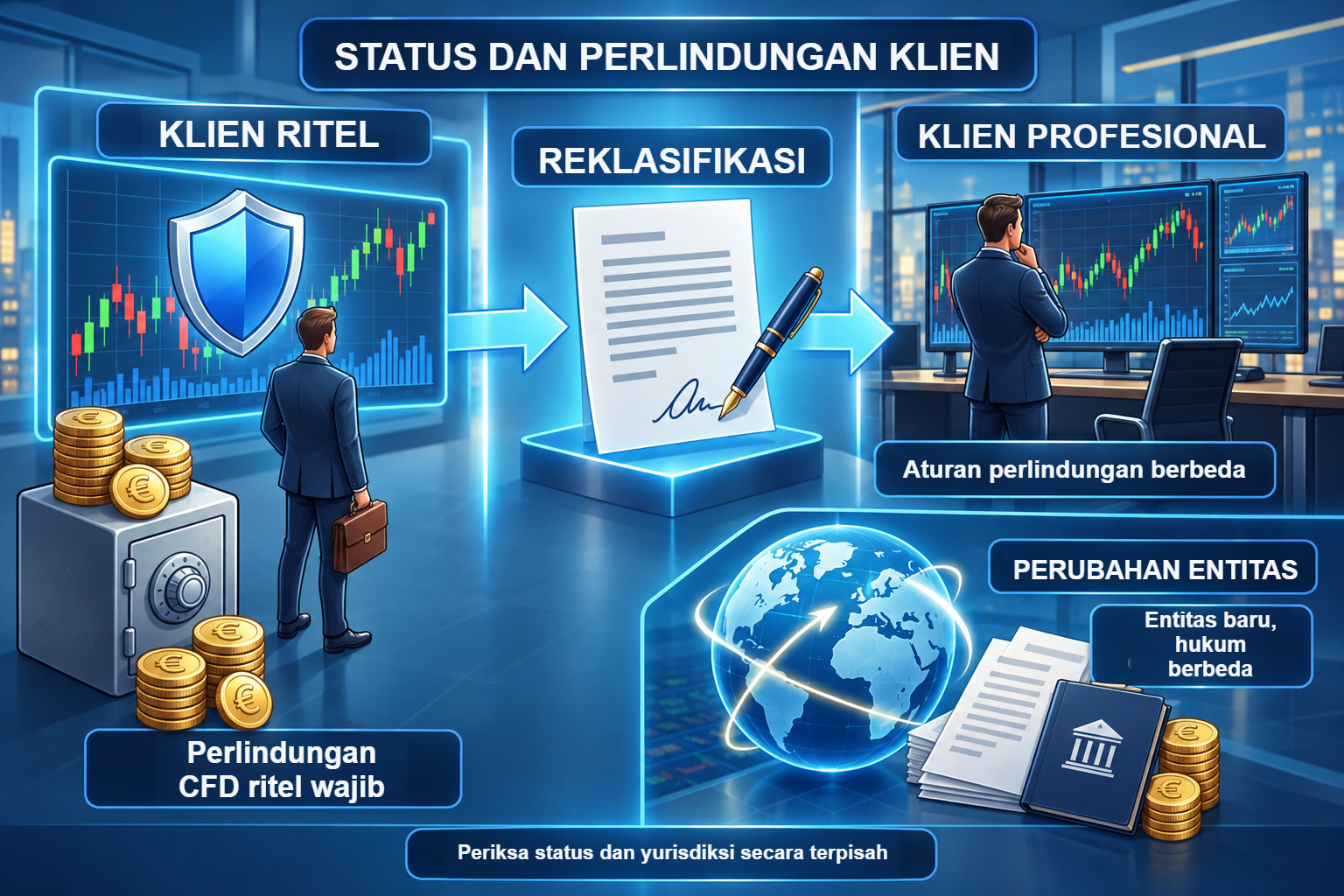 Reklasifikasi klien dan perubahan entitas hukum ditampilkan sebagai proses terpisah.