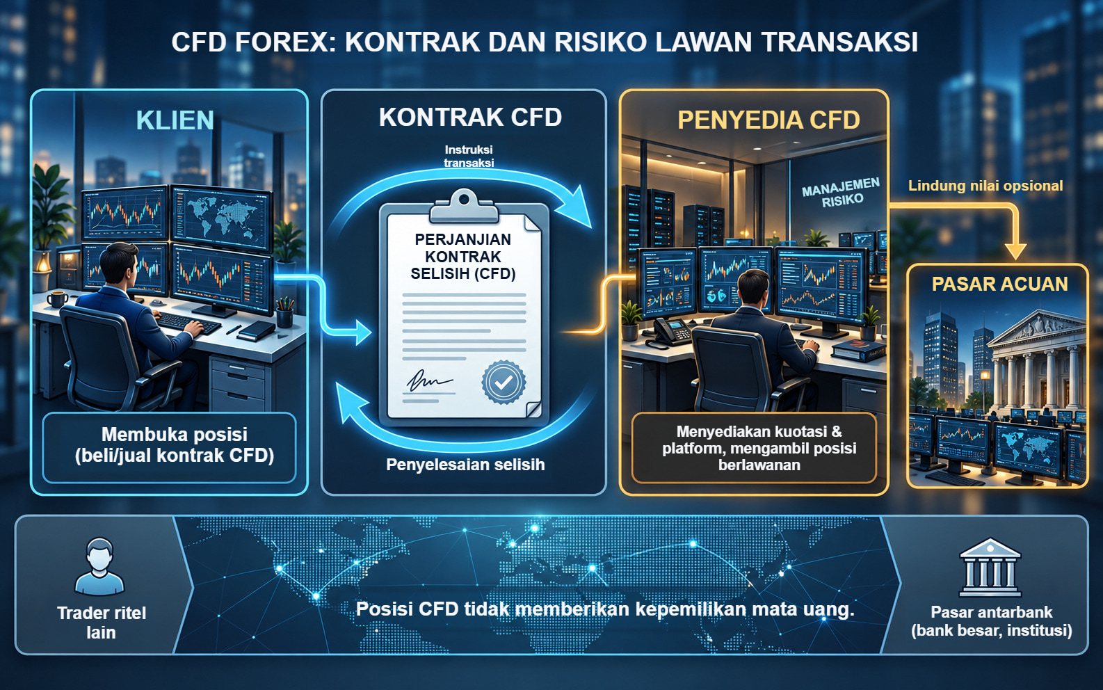 Kontrak CFD antara klien dan penyedia, dengan lindung nilai terpisah yang dapat dipilih oleh penyedia.