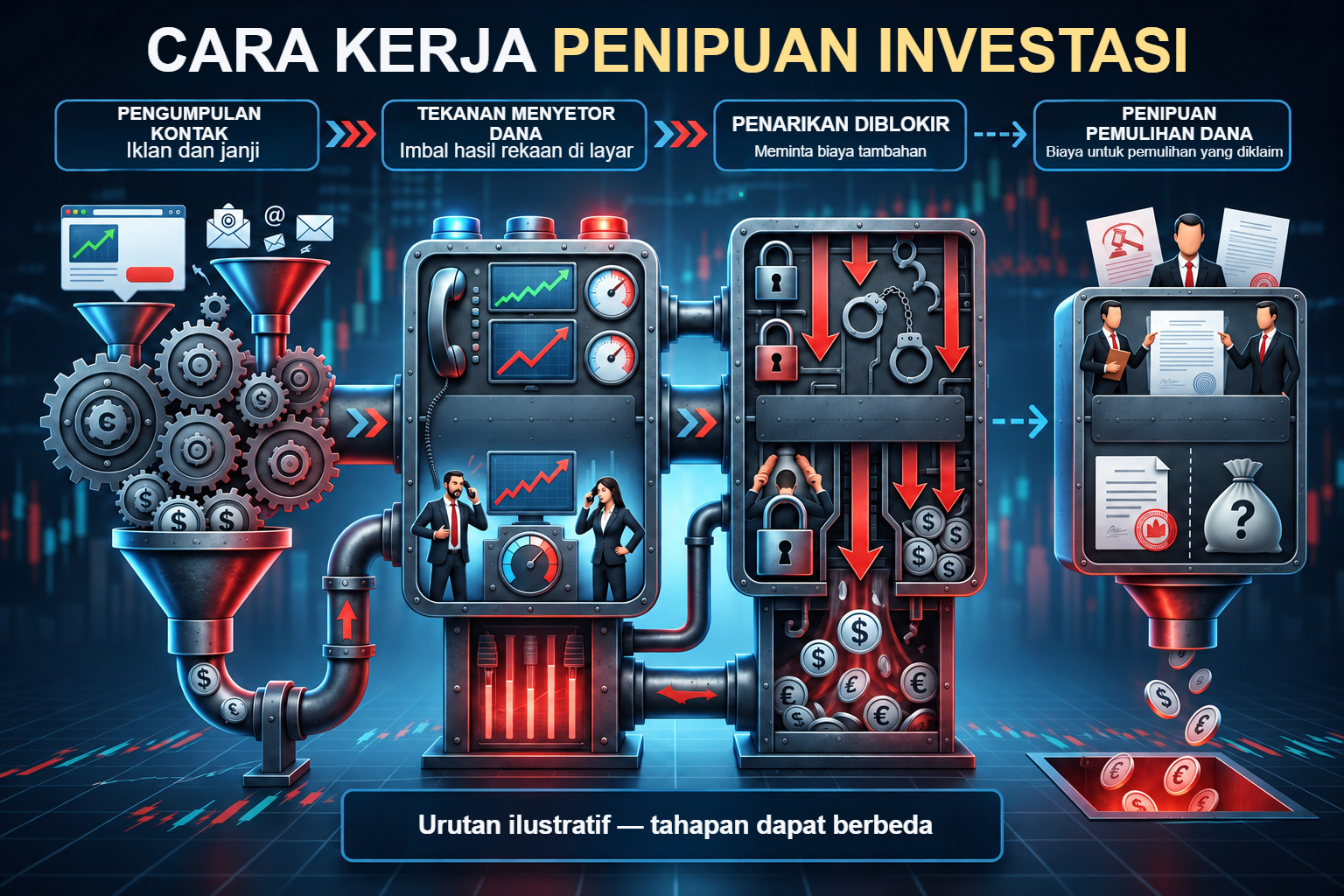 Mekanisme penipuan ilustratif dari pengumpulan kontak dan tekanan menyetor dana hingga penarikan diblokir.