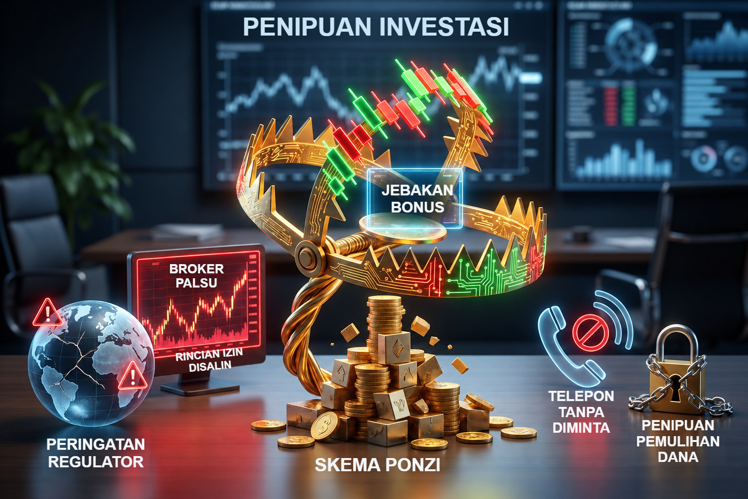 Metafora penipuan investasi: broker palsu, jebakan bonus, skema Ponzi, dan penipuan pemulihan dana.