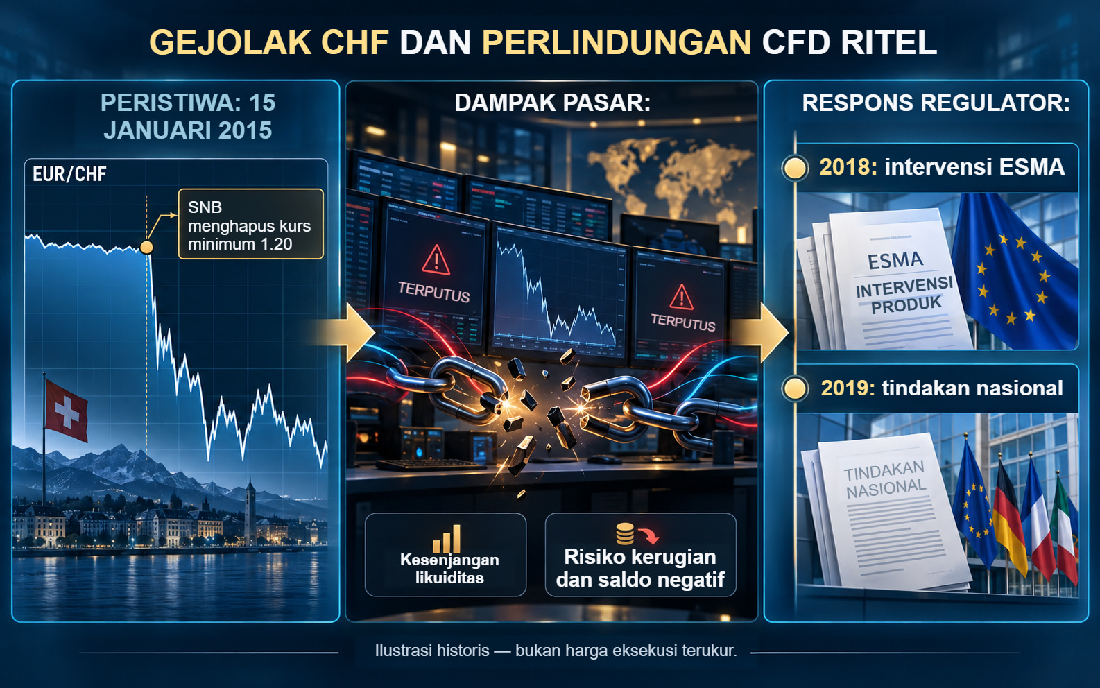 Keputusan SNB pada 15 Januari 2015, risiko likuiditas yang terungkap, serta tindakan ESMA tahun 2018 dan tindakan nasional tahun 2019 berikutnya ditampilkan pada linimasa ilustratif.