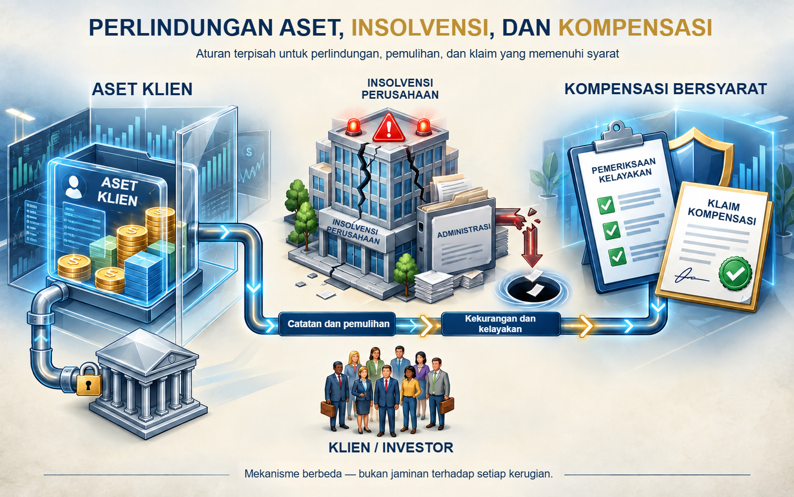 Aset klien, insolvensi perusahaan, dan kompensasi bersyarat digambarkan sebagai tiga mekanisme berbeda.