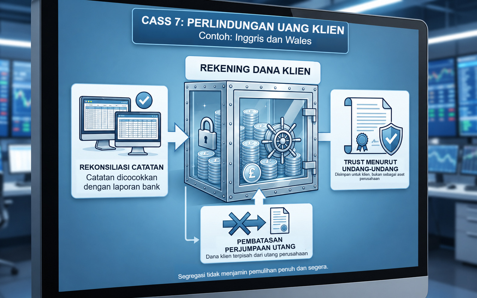 Rekening uang klien CASS 7, catatan yang direkonsiliasi, trust menurut undang-undang, dan pembatasan penggunaan uang klien untuk utang perusahaan.