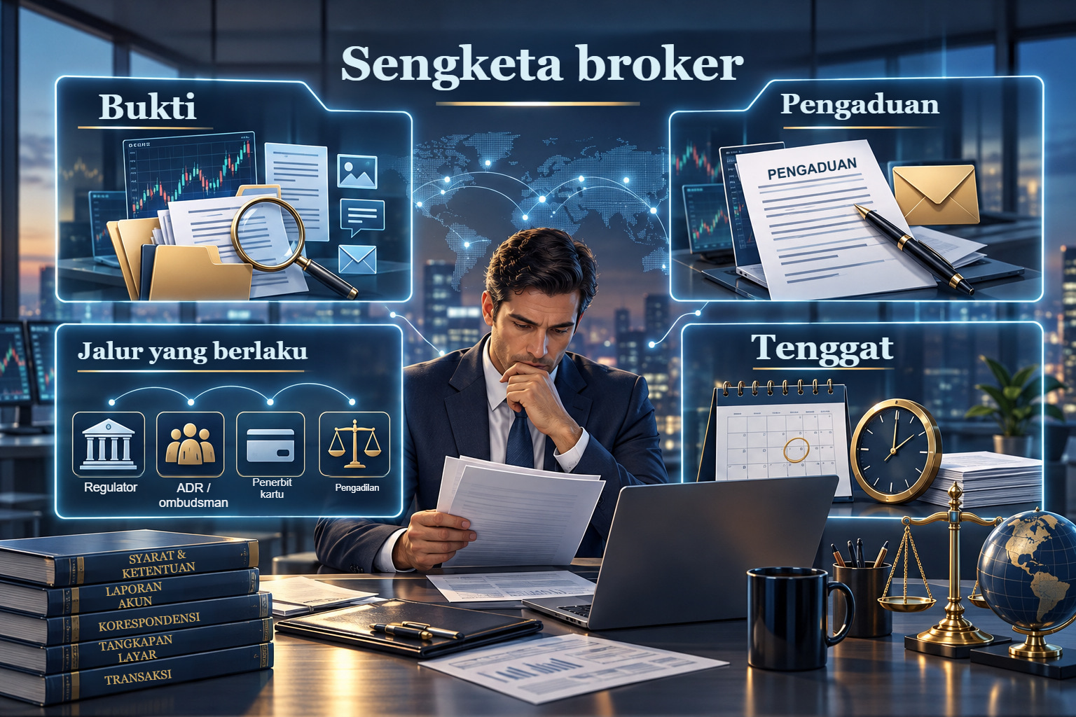 Ilustrasi rinci sengketa broker: bukti, pengaduan resmi, tenggat, dan jalur sengketa yang berlaku.