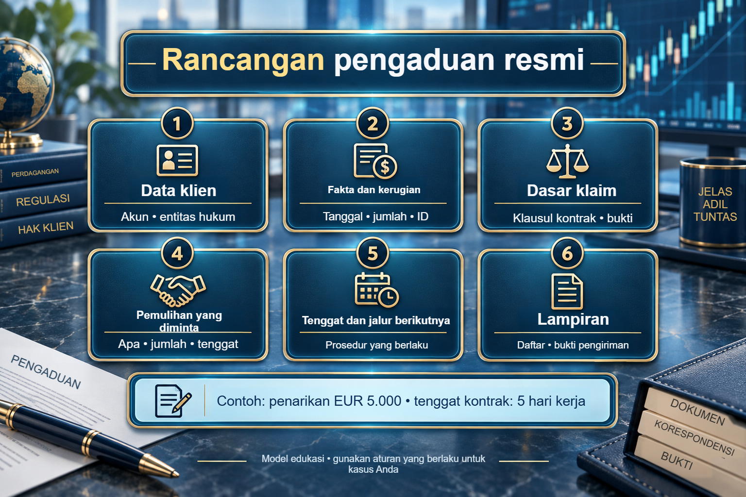 Enam bagian pengaduan resmi, dengan model penarikan EUR 5.000 dan tenggat kontrak lima hari kerja.