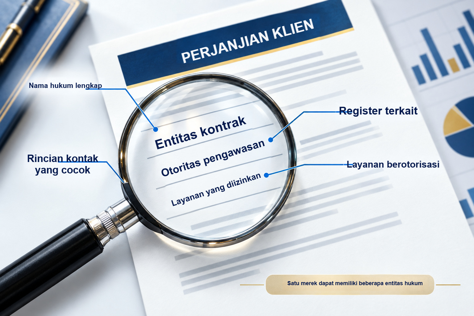 Perjanjian klien di bawah kaca pembesar: nama hukum, otoritas pengawas, layanan, dan rincian kontak.