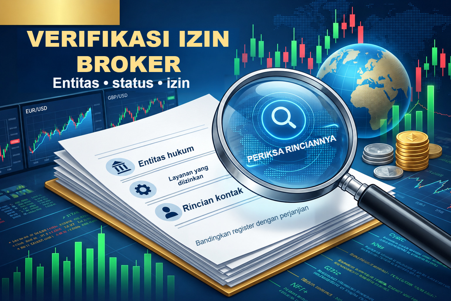 Kaca pembesar di atas dokumen: memeriksa entitas hukum, status, dan izin broker.
