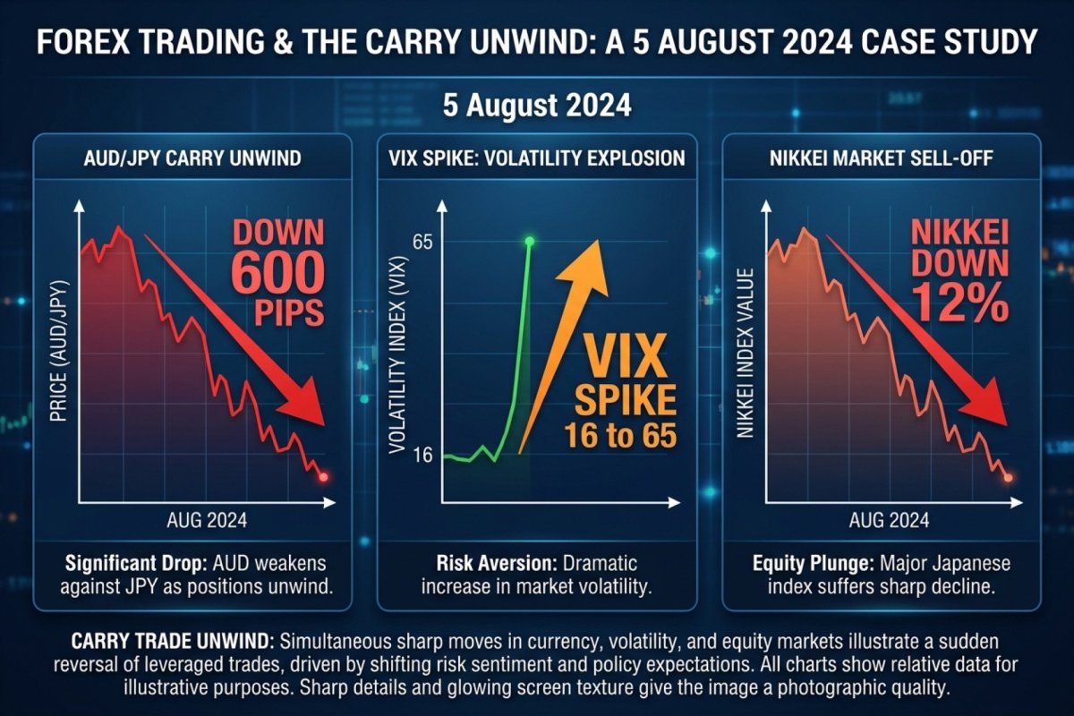 Tres gráficos uno junto al otro: AUD/JPY, la subida en la valoración de la volatilidad y el Nikkei 225 – el carry unwind del 5 de agosto de 2024