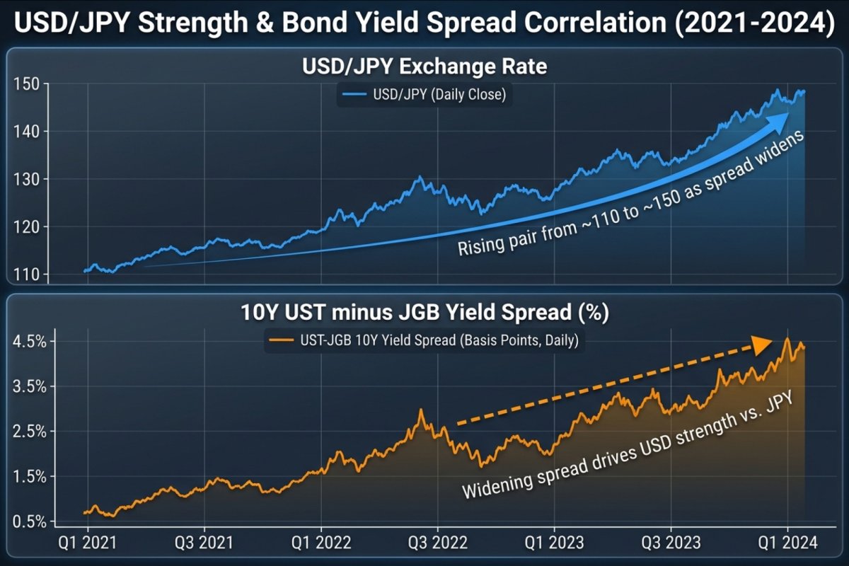 Gráfico de dos paneles: USD/JPY frente al diferencial de rentabilidad a 10 años entre el UST y el JGB durante 2021-2024, situando el diferencial de rentabilidad junto al par en ese periodo