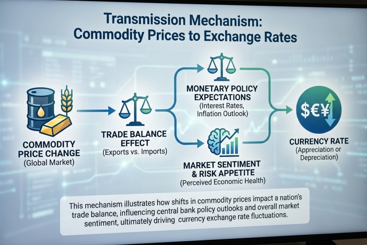 Un diagrama del mecanismo de transmisión de las materias primas a los tipos de cambio – desde el precio de la materia prima, pasando por la balanza comercial, las expectativas monetarias y el sentimiento, hasta la divisa