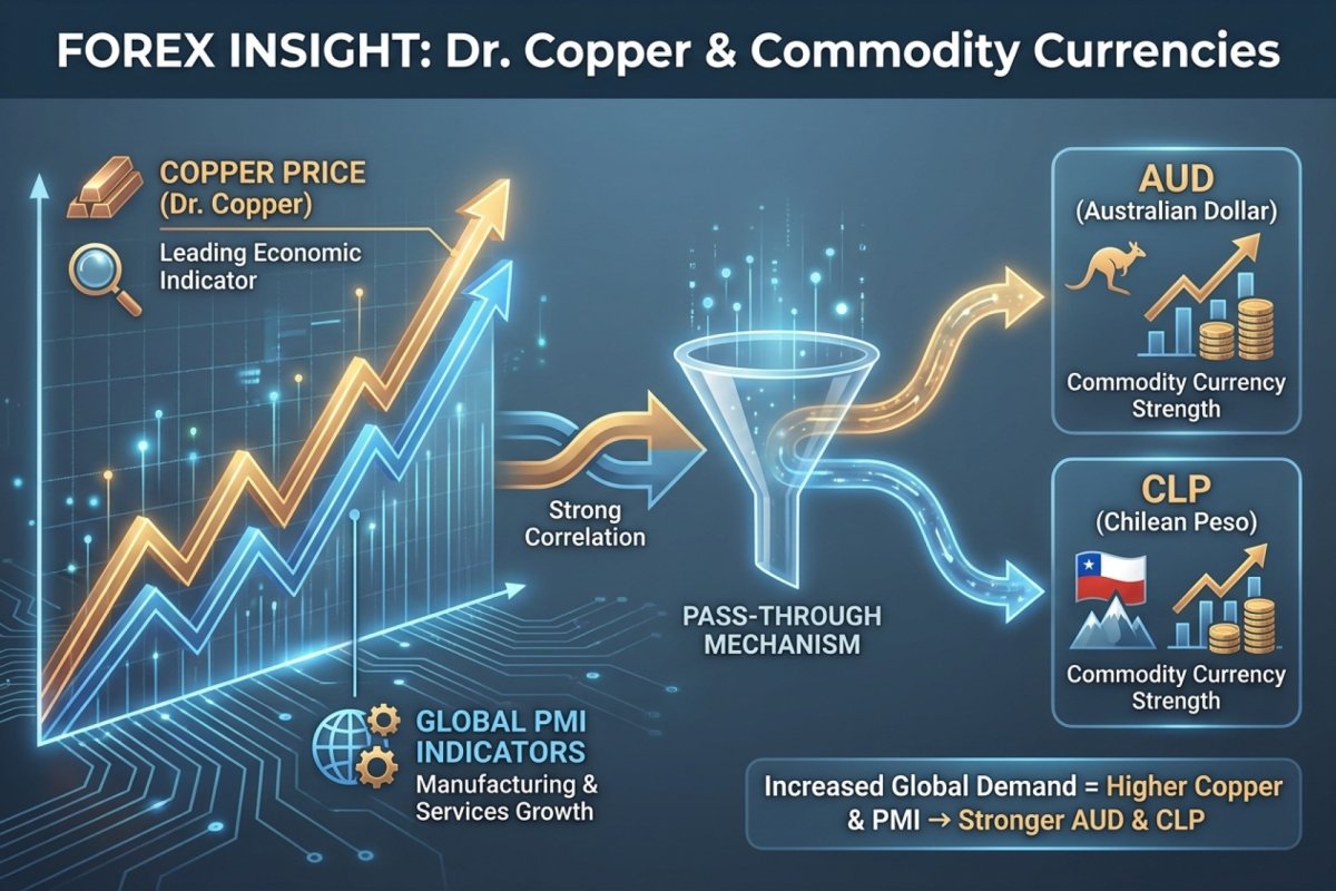 El precio del cobre comparado con los indicadores de actividad manufacturera y con los tipos de cambio de los países exportadores de metales