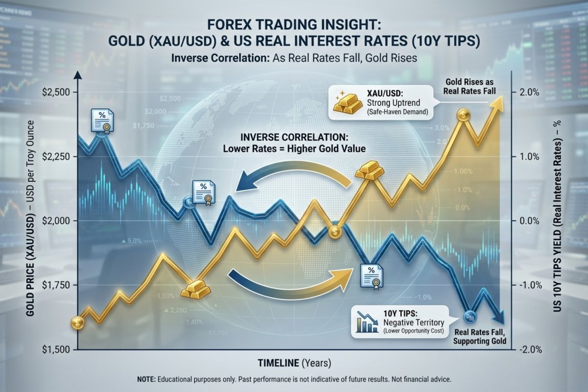 El oro y los rendimientos reales de los bonos estadounidenses – las dos series comparadas, junto con el período en el que se debilitó su relación anterior