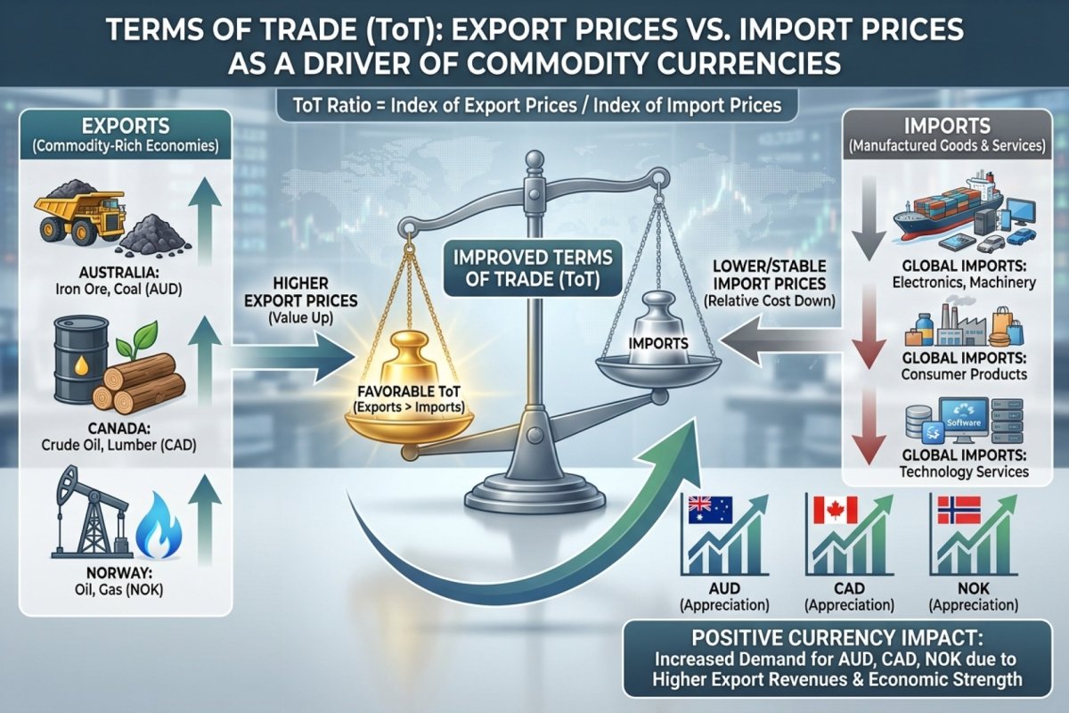 Cómo los precios de las materias primas se transmiten a través de los términos de intercambio a un tipo de cambio – precios de exportación comparados con precios de importación para una economía expuesta a materias primas