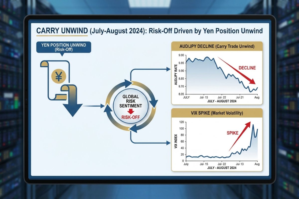 Deshacer del carry julio-agosto de 2024 – la caída del AUD/JPY, el repunte del VIX y el risk-off impulsado por el deshacer de posiciones en yenes