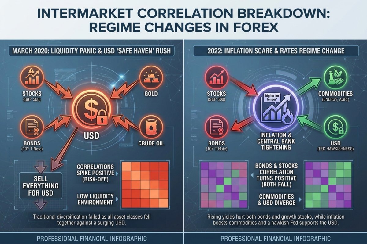 Ruptura de correlación intermercado – marzo de 2020 (pánico de liquidez) y 2022 (un susto de inflación cambia el régimen)