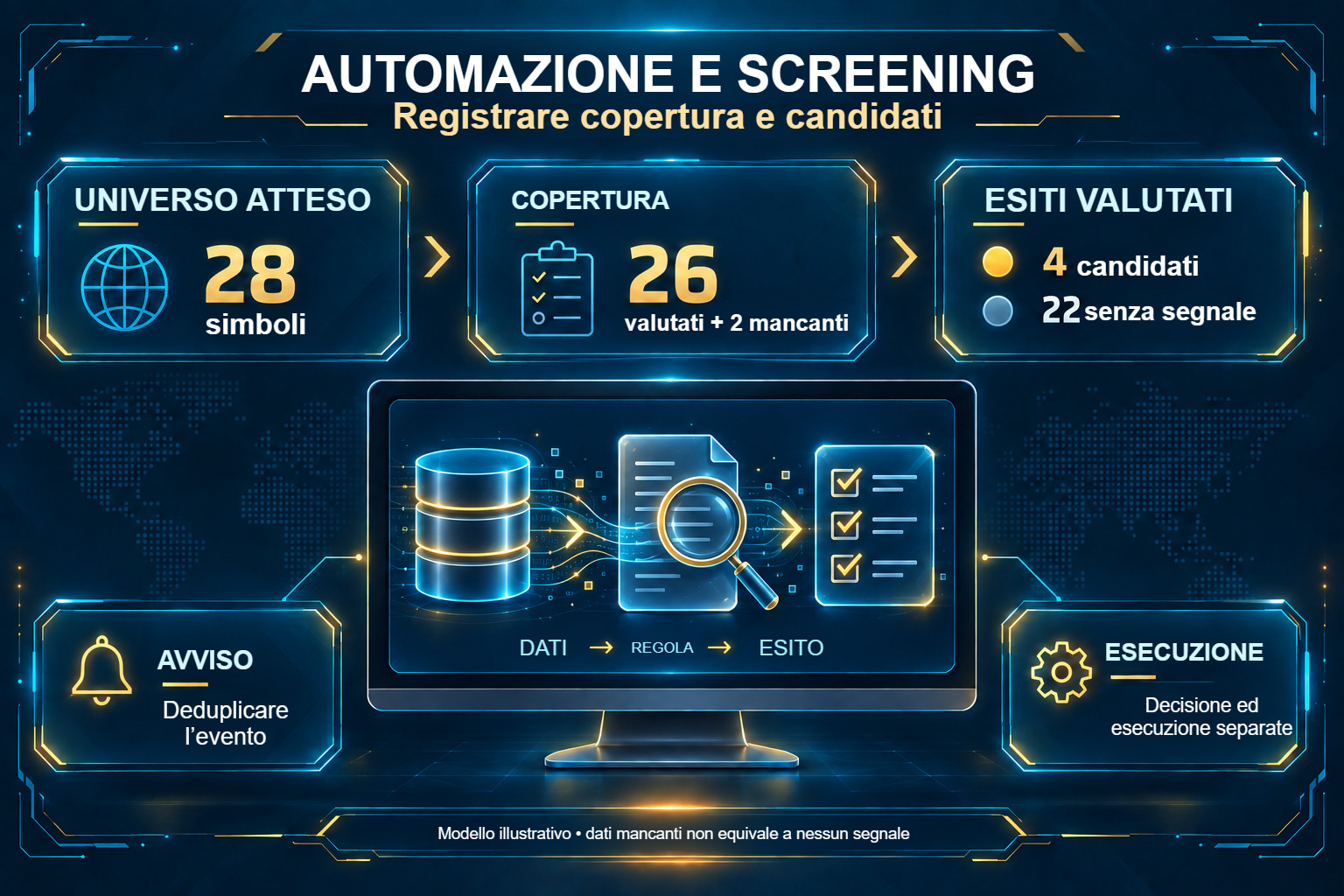 Screening: 28 simboli, 26 valutati, 2 con dati mancanti e 4 candidati