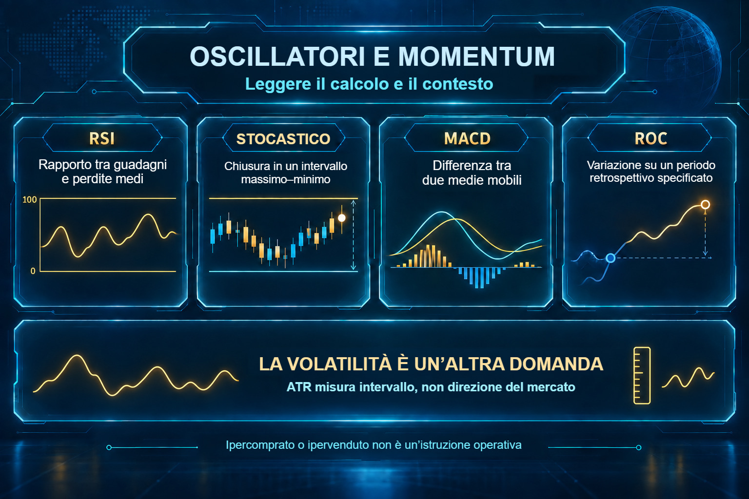 RSI, stocastico, MACD e ROC, con ATR come misura della volatilità