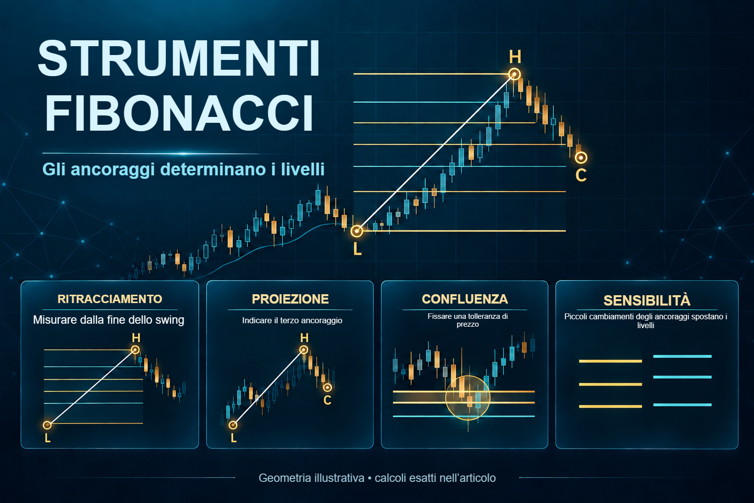 Fibonacci: ritracciamento, proiezione, confluenza e sensibilità agli ancoraggi