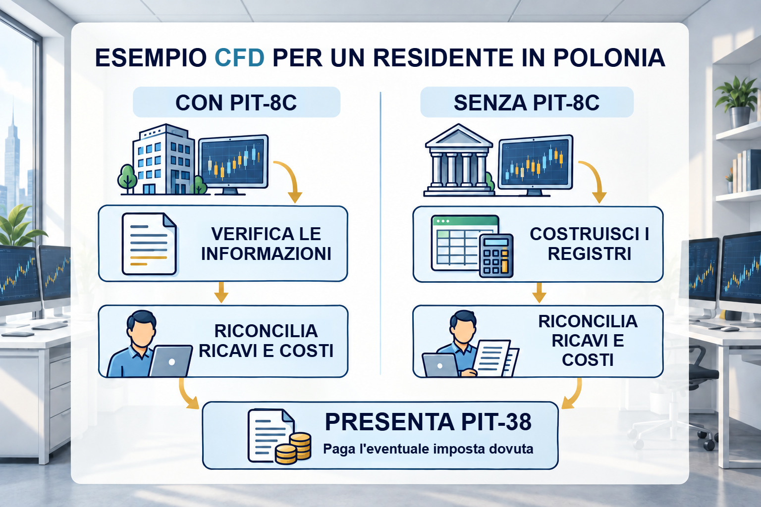 Due percorsi: verifica PIT-8C o costruisci i registri, riconcilia i dati, presenta PIT-38 e paga l'imposta dovuta