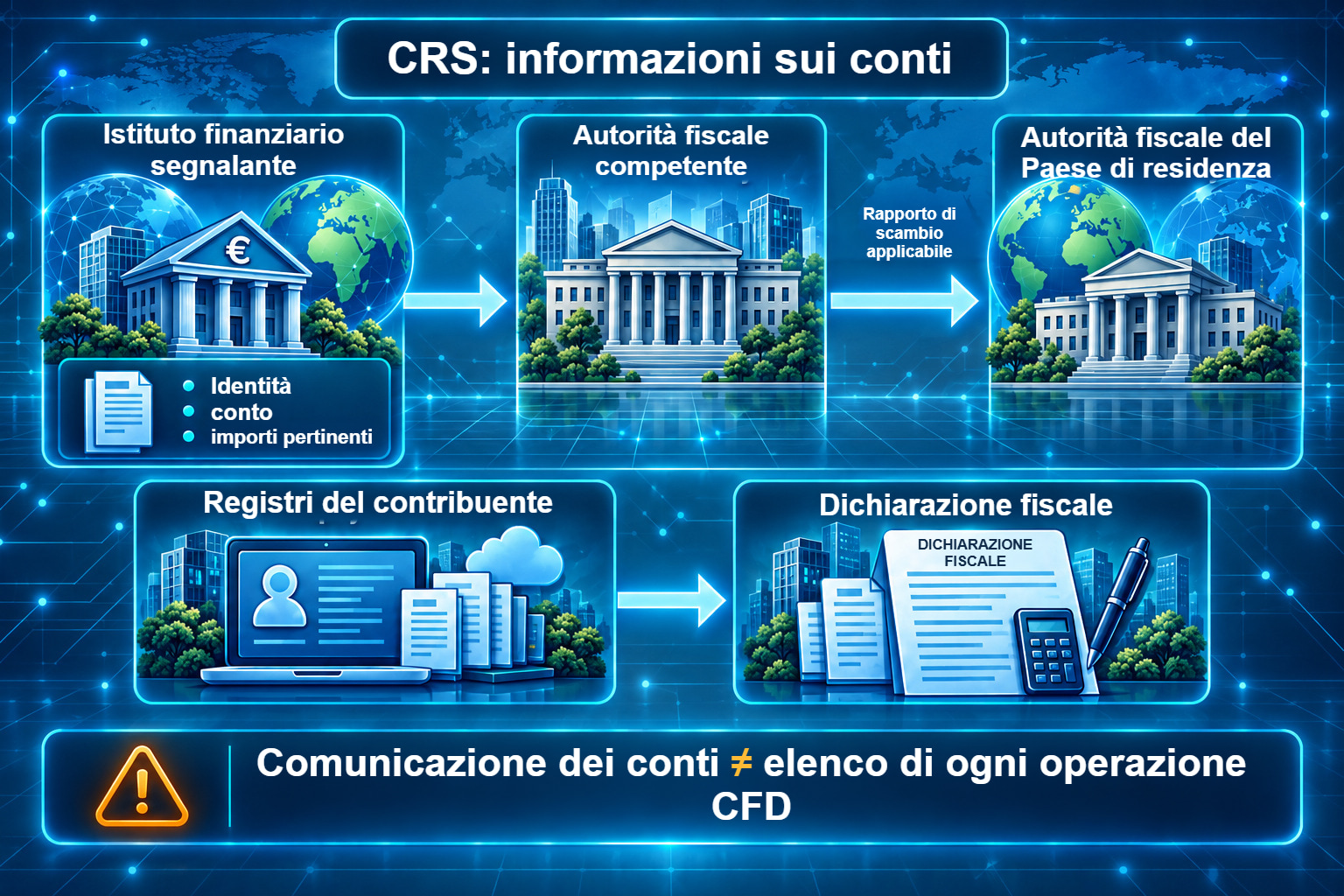Un istituto segnalante e due amministrazioni fiscali competenti scambiano i dati dei conti previsti tramite un rapporto applicabile, accanto a un percorso separato di documentazione del contribuente.