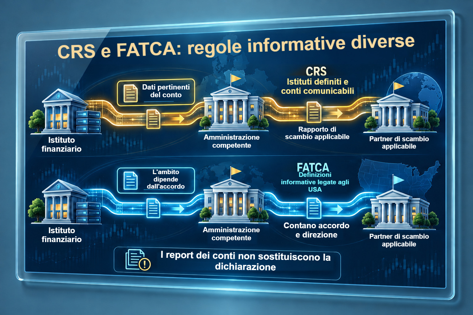 Canali distinti CRS e FATCA legata agli USA, con definizioni diverse e direzioni dipendenti dagli accordi.
