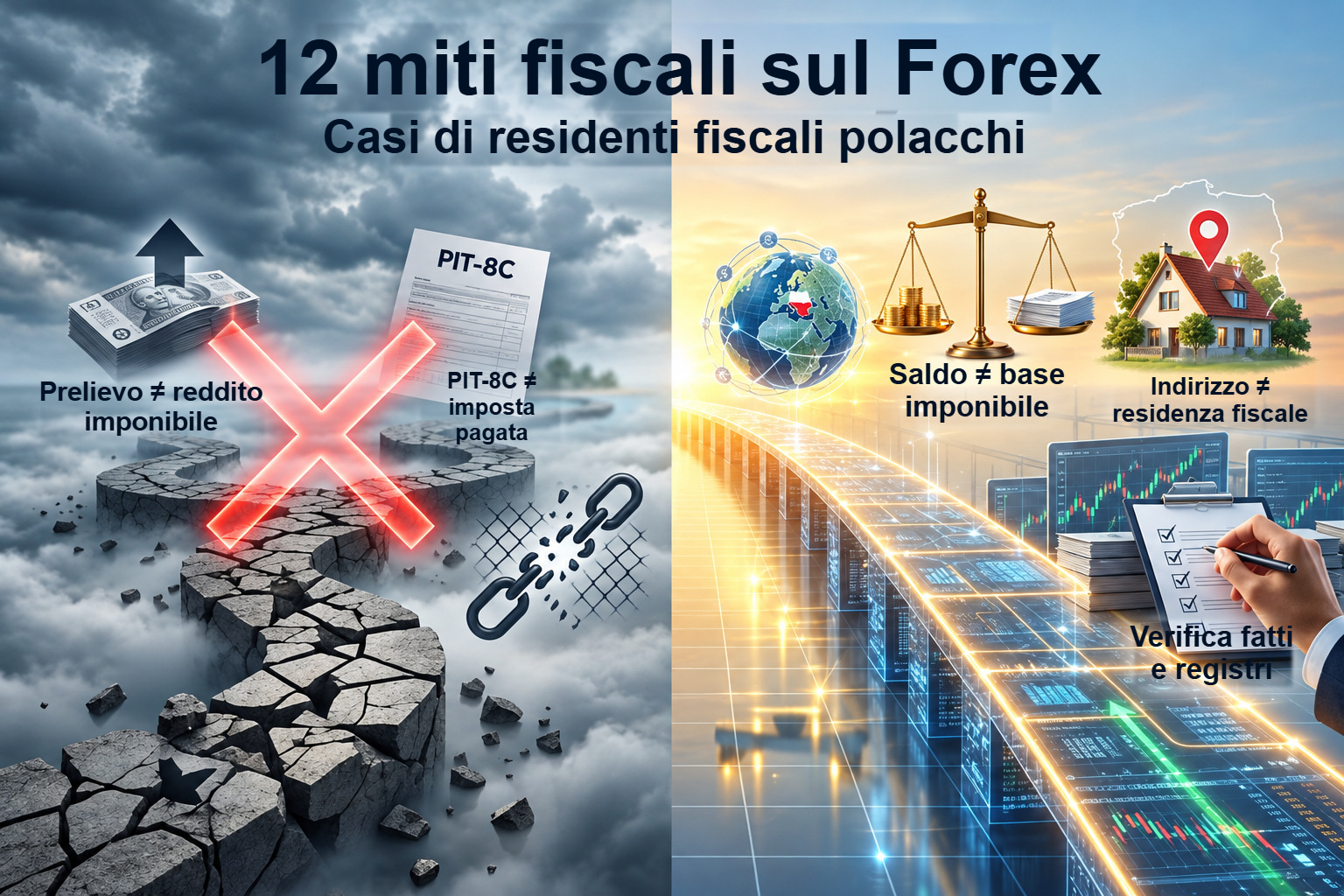 Quattro distinzioni tra prelievi, imposta pagata, saldi e residenza fiscale in una composizione divisa tra miti e documenti.