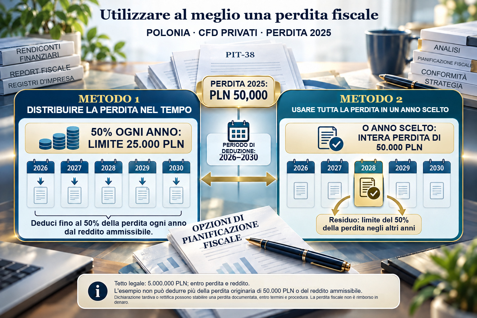 Perdita di 50.000 PLN nel 2025: periodo 2026–2030 e due metodi di deduzione