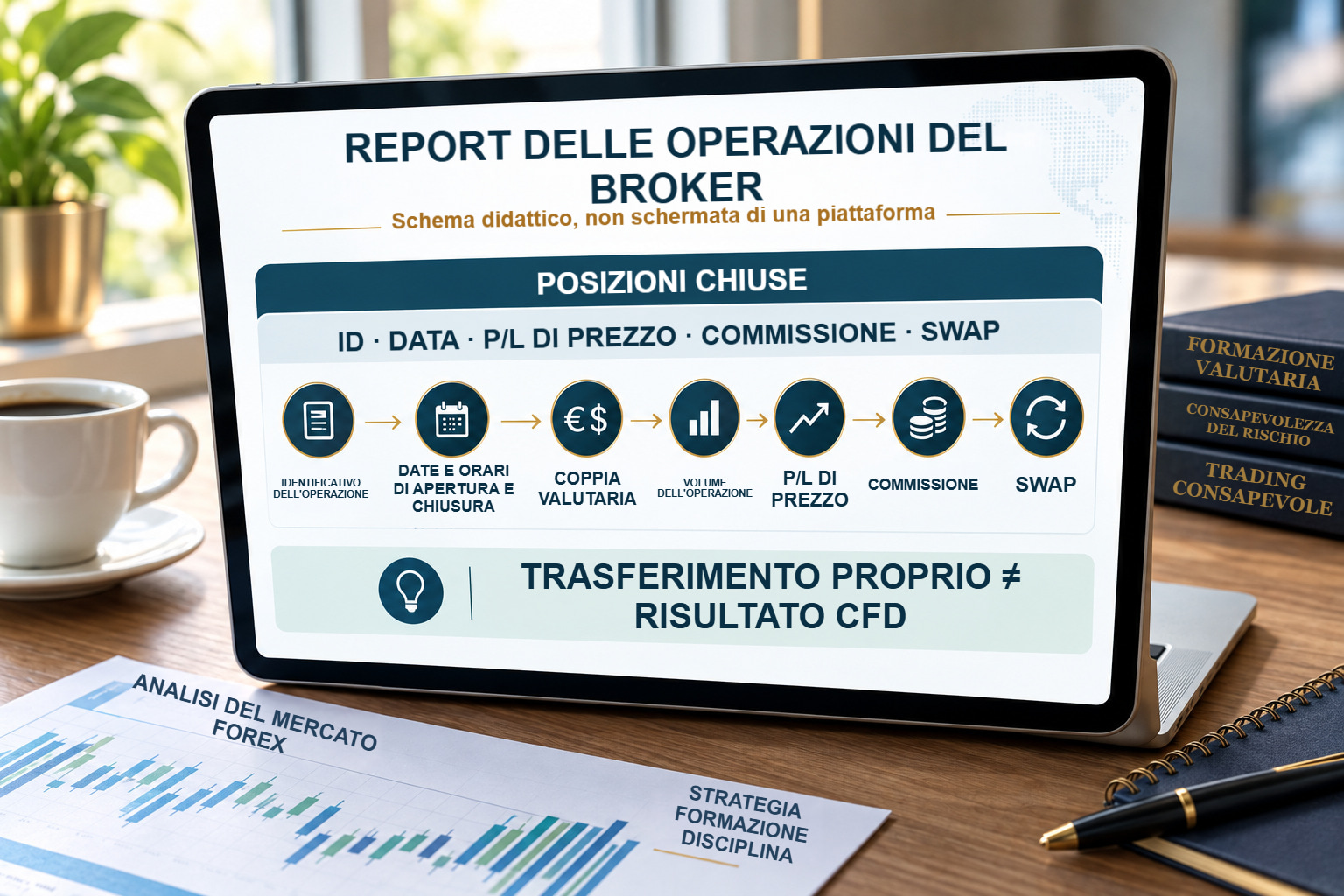 Report schematico con operazioni chiuse, P/L del prezzo, commissioni separate e finanziamento