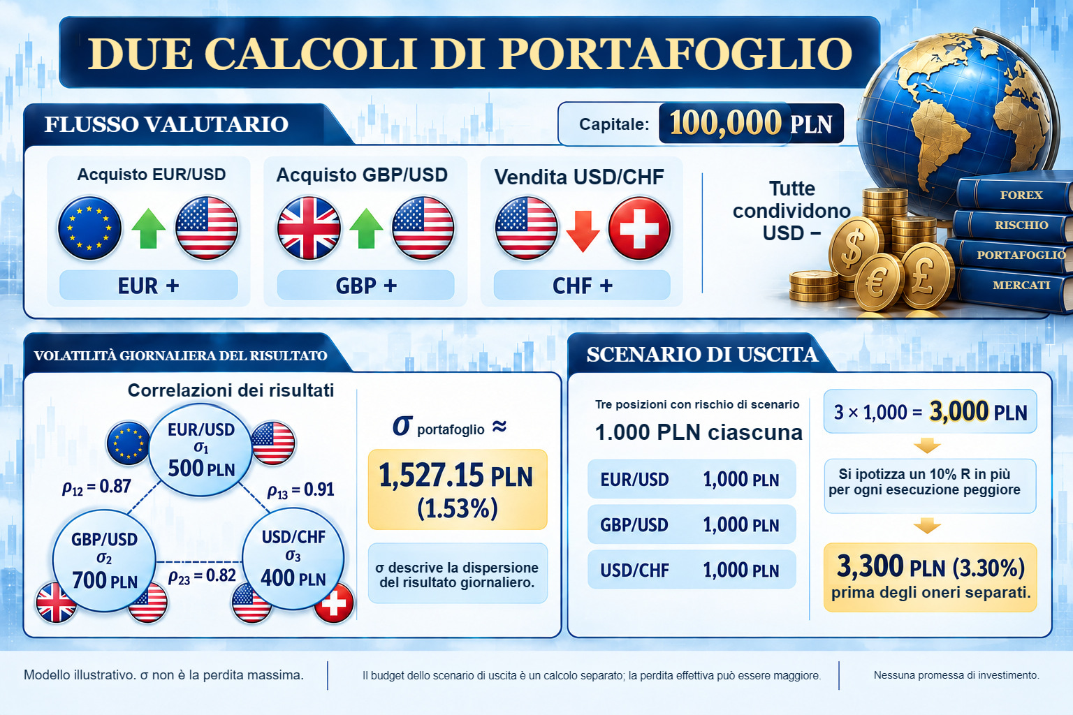 Modello a tre posizioni con una componente USD negativa comune. La covarianza dà una σ giornaliera di circa 1.527 PLN; uno scenario di uscita separato dà 3.000 PLN o 3.300 PLN con un peggioramento dell'esecuzione del 10%.