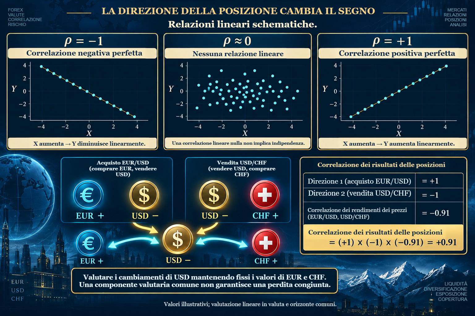 Dipendenza lineare negativa, nulla e positiva schematica, con trasferimento del segno: acquistare EUR/USD e vendere USD/CHF trasforma la correlazione dei rendimenti del modello −0,91 in correlazione dei risultati +0,91.