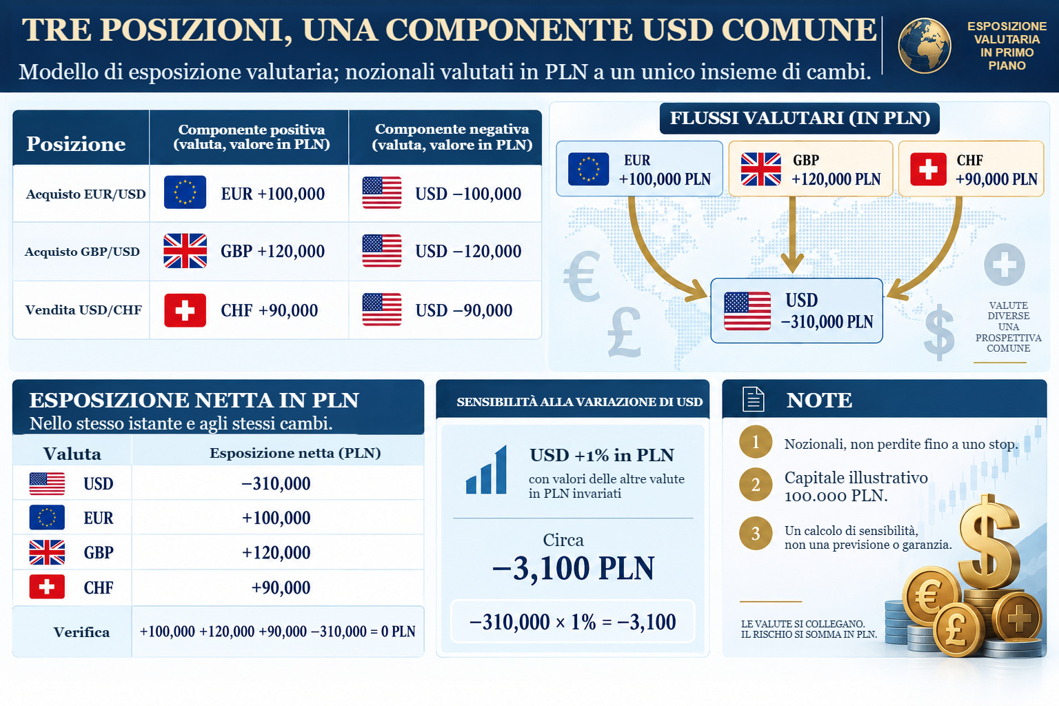 Scheda di modello a tre posizioni: EUR +100.000 PLN, GBP +120.000 PLN, CHF +90.000 PLN e USD −310.000 PLN. Nozionali con segno e scenario di rafforzamento di USD dell'1% in PLN.