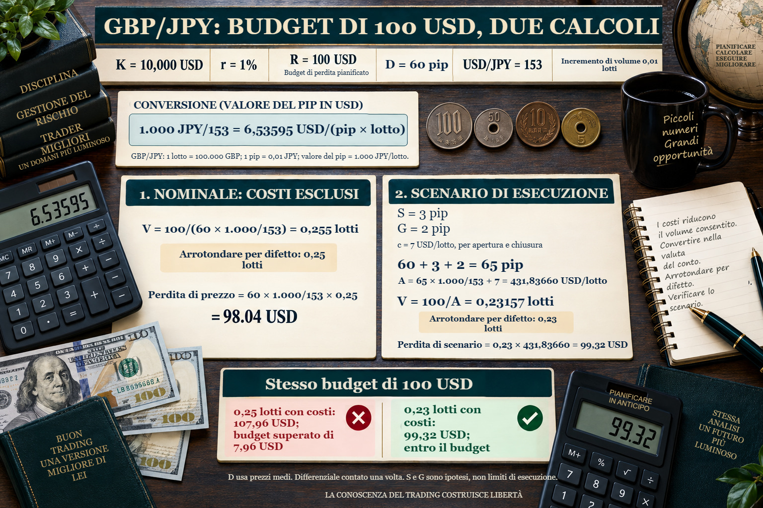 GBP/JPY su un conto in USD: 0,25 lotti nominali producono una perdita di 107,96 USD dopo i costi; 0,23 lotti dimensionati sul rischio netto producono 99,32 USD contro un budget di 100 USD.