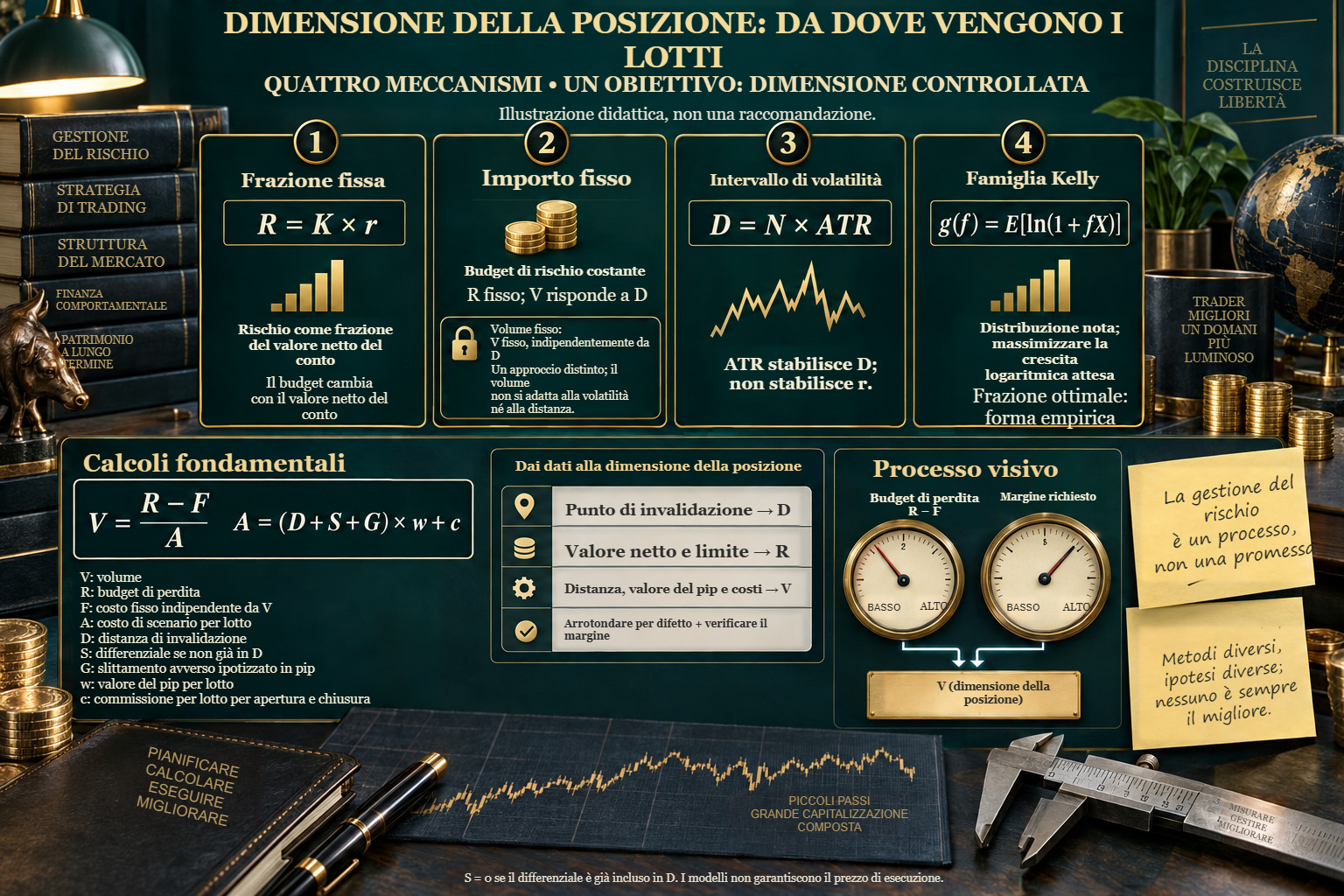 Dimensionamento delle posizioni: frazione fissa, importo fisso, intervallo ATR e famiglia Kelly, con verifiche separate del budget di perdita e del margine.