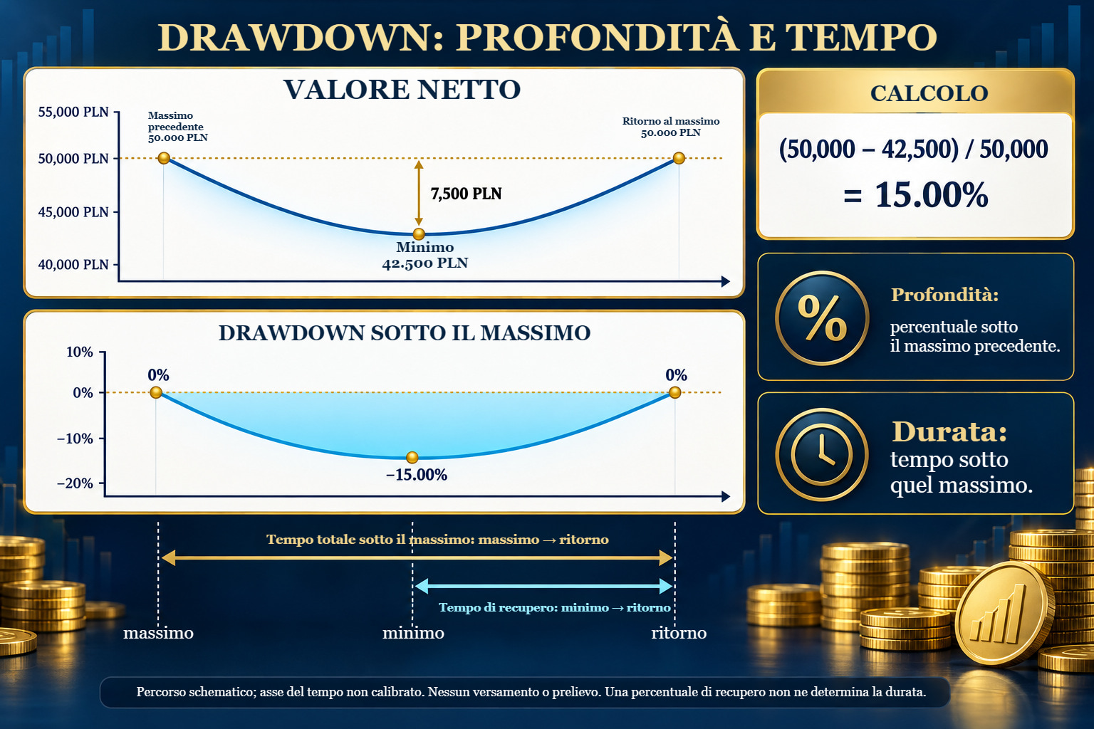 Grafici del valore netto e sotto i massimi: 50.000 PLN, minimo 42.500 PLN, ritorno 50.000 PLN; DD 15%.