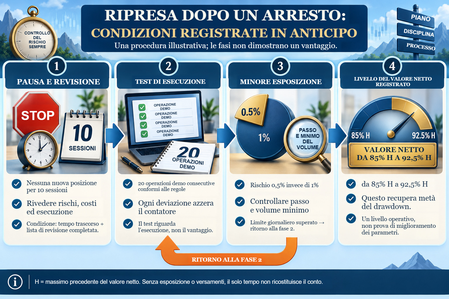 Quattro fasi di ripresa illustrativa: pausa e revisione, prova di esecuzione, minore esposizione e un valore netto specificato.