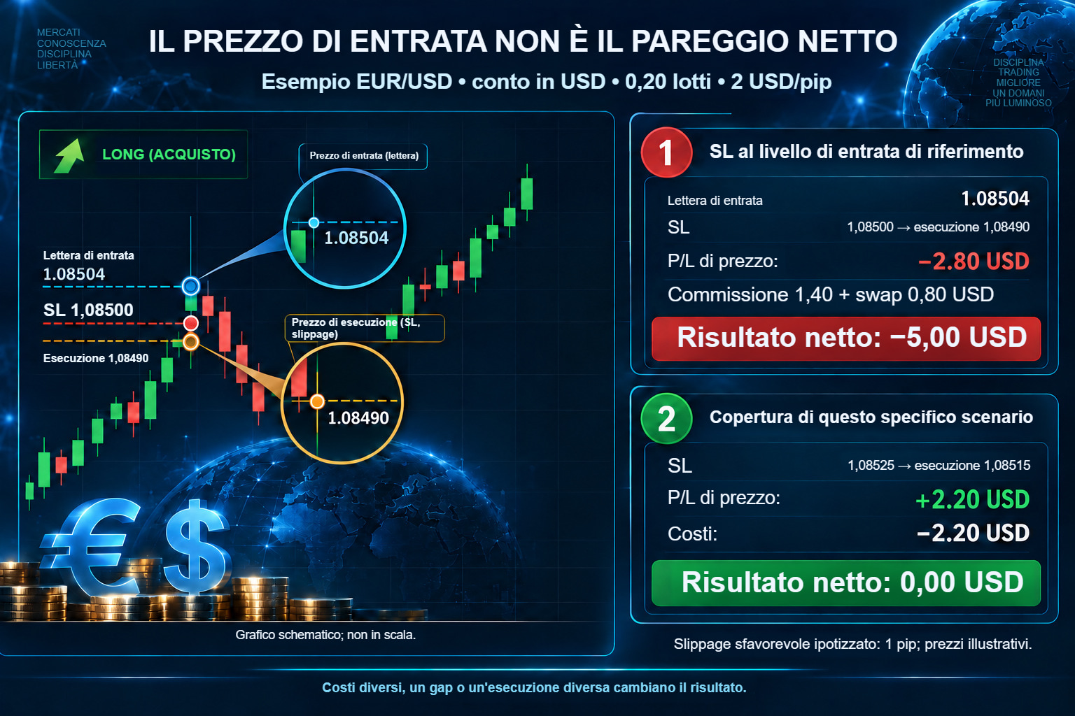 Il prezzo d'ingresso non è lo zero netto: esempio EUR/USD con costi e slittamento.