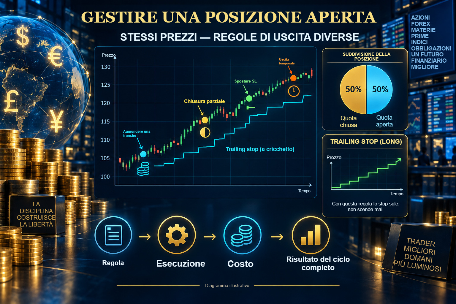Gestione di una posizione aperta: aggiornamenti SL, soglia di pareggio, uscite parziali e controllo dell'esposizione.