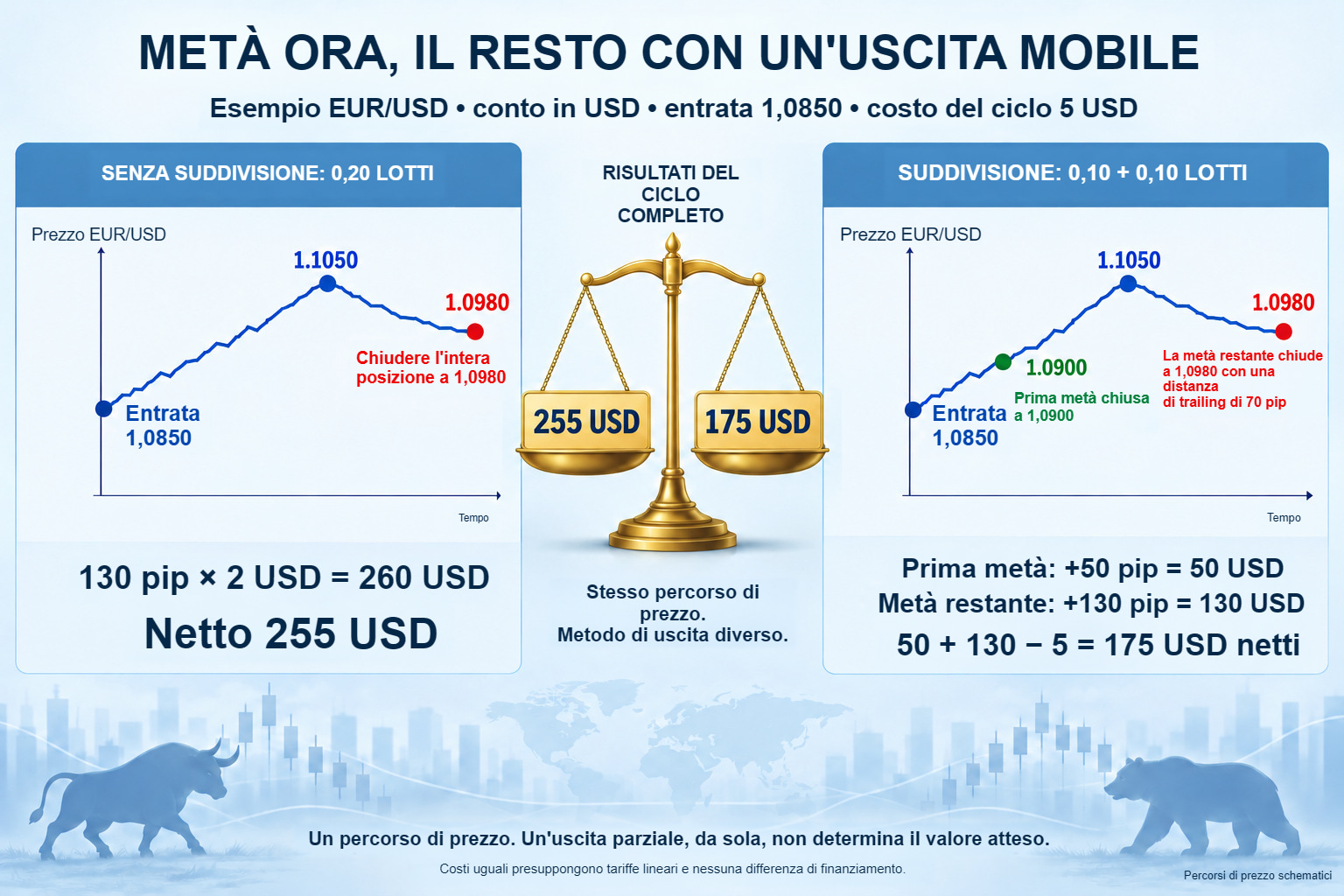 Uscita parziale: 255 USD netti senza divisione contro 175 USD dopo una chiusura anticipata della metà.