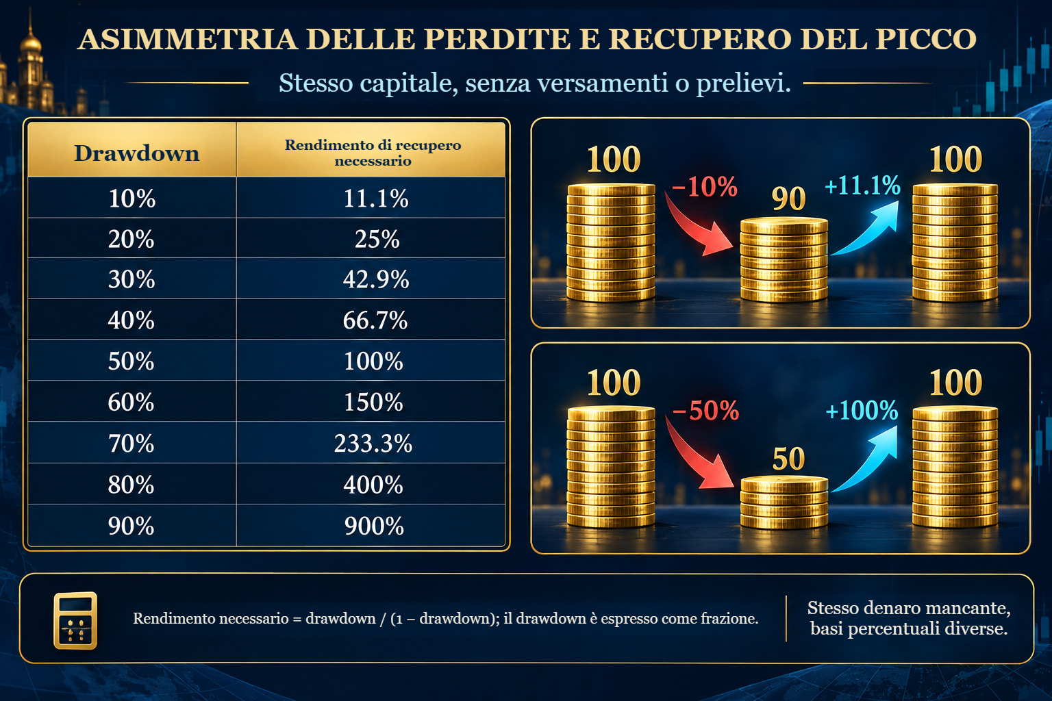 Tabella di perdite e recupero: un calo del 10% richiede l'11,1%, un calo del 50% richiede il 100% e un calo del 70% richiede il 233,3%.