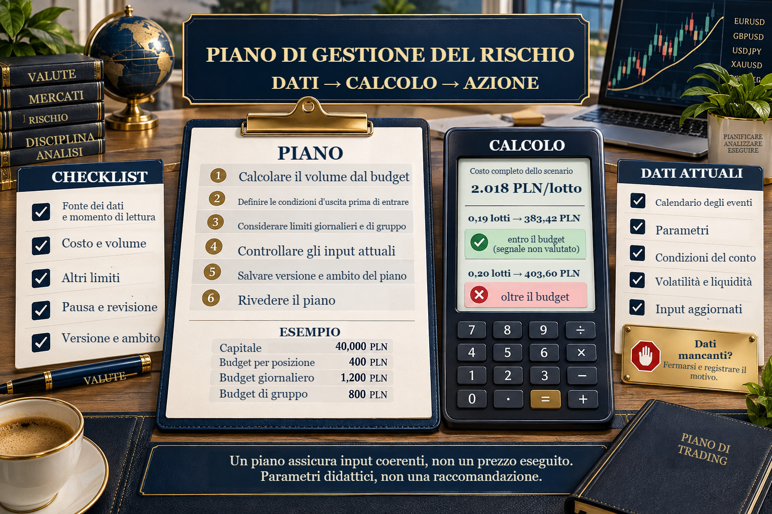 Piano illustrato con base 40.000 PLN: budget per posizione 400 PLN, giorno 1.200 PLN, gruppo 800 PLN; 0,19 lotti danno 383,42 PLN di perdita completa di scenario.