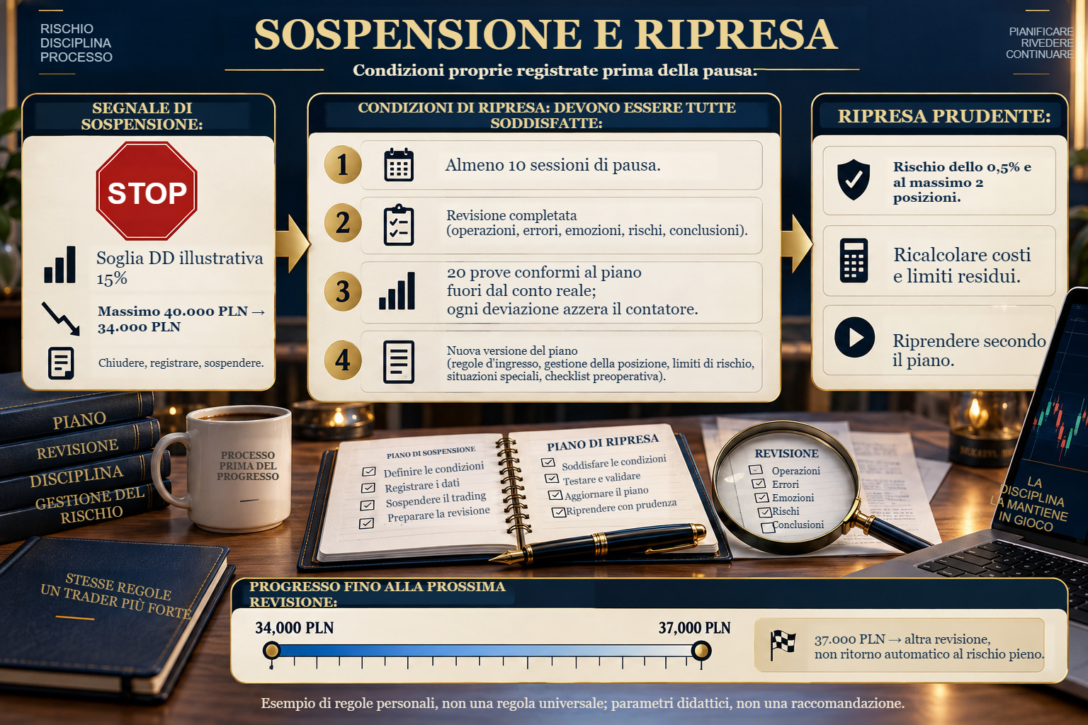 Procedura illustrativa: vanno soddisfatte tutte le condizioni di almeno 10 sessioni di pausa, revisione, 20 prove conformi e nuova versione del piano. 37.000 PLN attivano un'altra revisione.