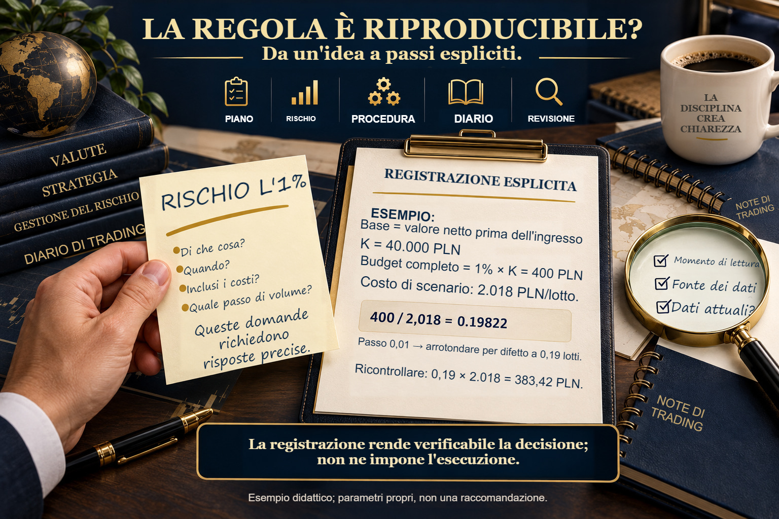 «Rischio l'1%» richiede base, momento di lettura, costo completo e passo. Il rapporto esplicito 400/2.018 dà circa 0,1982 lotti, o 0,19 dopo il passo 0,01.