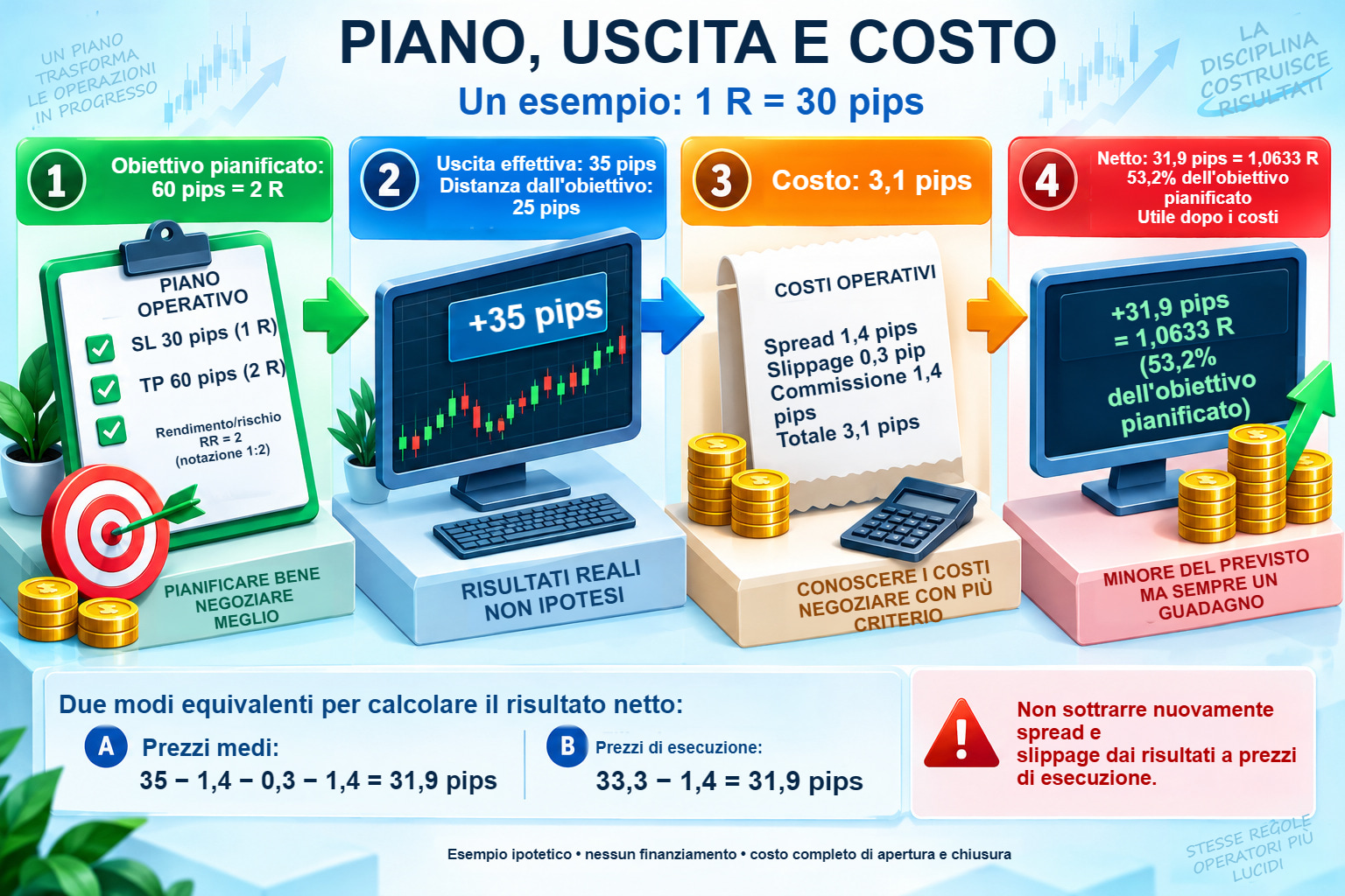 Quattro fasi illustrate di una posizione: 60 pips pianificati, uscita dopo 35, costi di 3,1 e risultato netto di 31,9 pips o 1,0633 R.