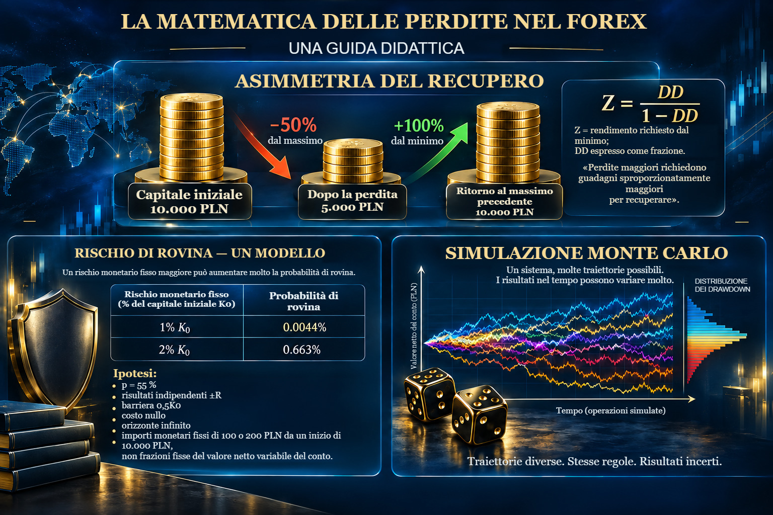 Tre temi della matematica delle perdite: capitale di 10.000–5.000–10.000 PLN e basi percentuali diverse; confronto del rischio di rovina modellistico con importi fissi; e schema del campionamento Monte Carlo dei risultati.