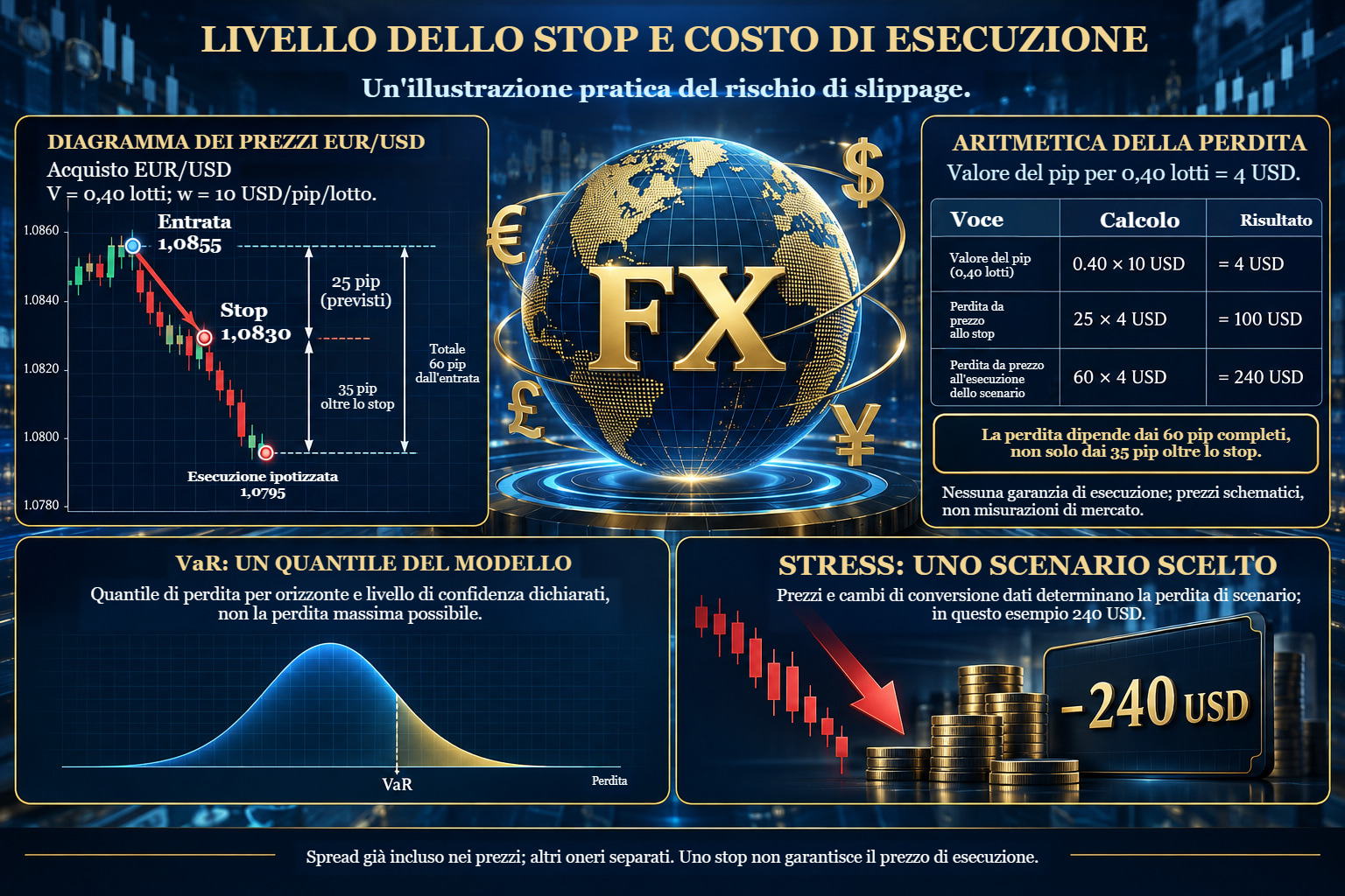 Acquisto illustrativo di EUR/USD: entrata 1,0855, stop 1,0830, esecuzione ipotizzata 1,0795. I 25 pip previsti danno 100 USD; la distanza completa di 60 pip dà 240 USD prima degli oneri.