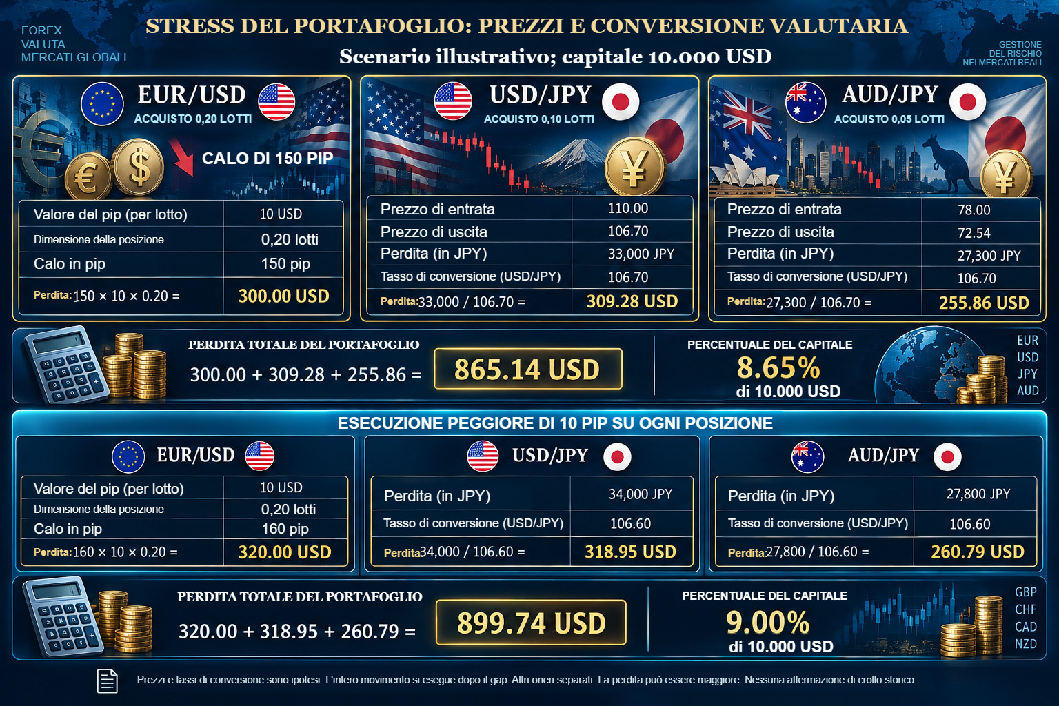 Stress ipotetico su tre acquisti: EUR/USD 300 USD, USD/JPY 309,28 USD, AUD/JPY 255,86 USD. Totale 865,14 USD; 10 pip peggiori su ciascuno danno 899,74 USD.
