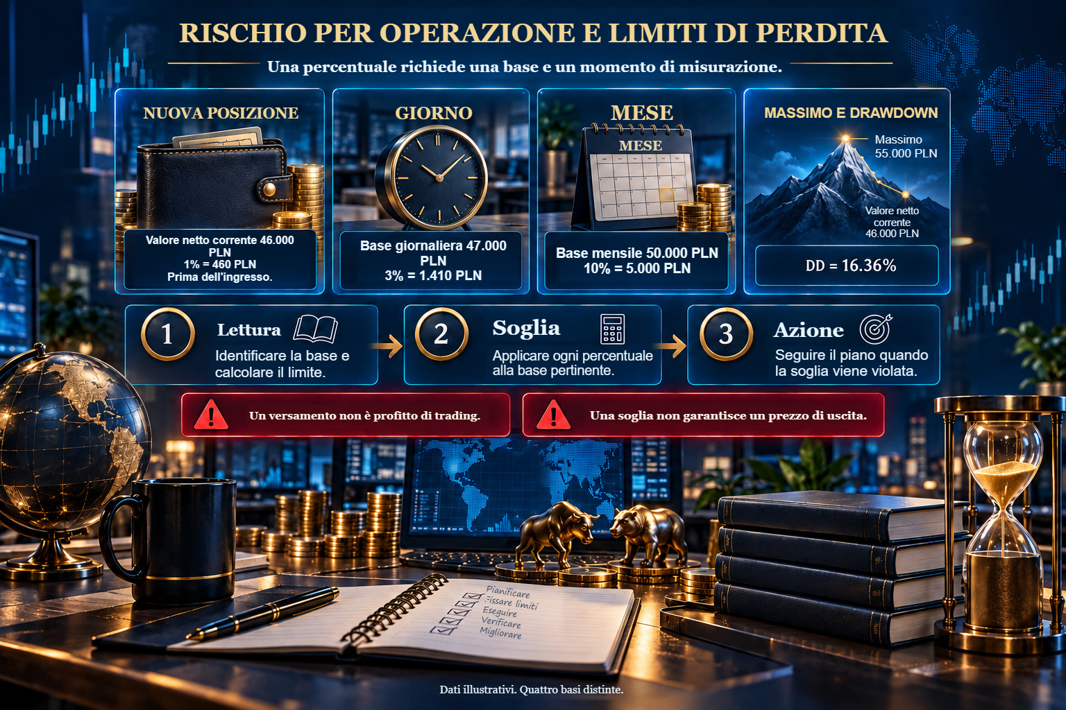 Quattro basi di rischio separate: una nuova posizione con valore netto del conto di 46.000 PLN, inizio giornata 47.000 PLN, inizio mese 50.000 PLN e massimo 55.000 PLN. Accanto, importi di 460, 1.410 e 5.000 PLN e DD del 16,36%.