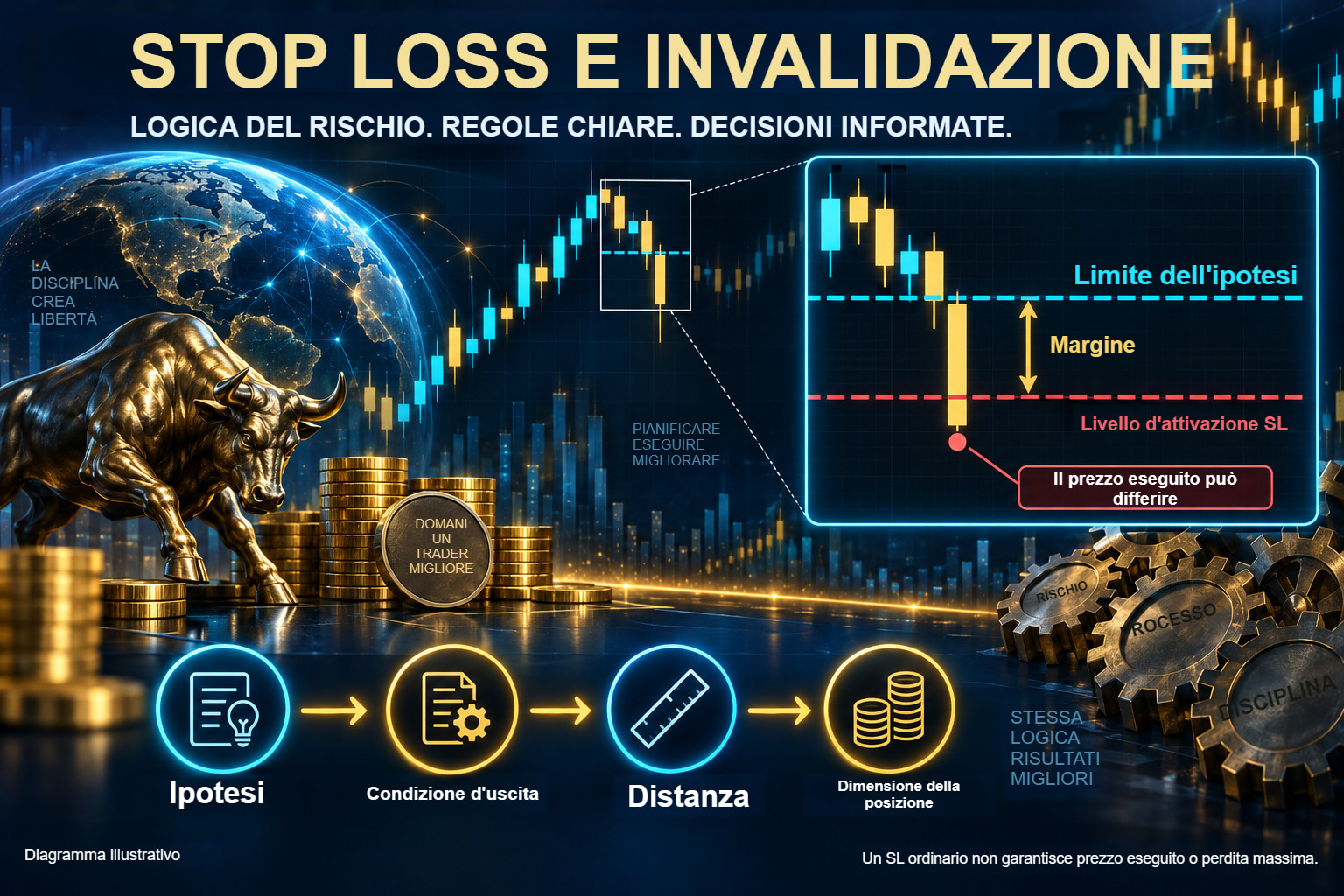 Diagramma dettagliato dello stop loss: limite dell'ipotesi, margine e livello inferiore di attivazione, esempio ingrandito di un prezzo di esecuzione diverso e sequenza dall'ipotesi alla dimensione della posizione.