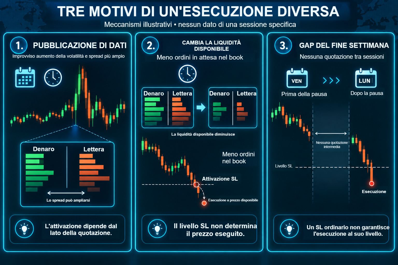 Tre diagrammi dettagliati di esecuzione sfavorevole: spread più ampio attorno a una pubblicazione, liquidità disponibile modificata e gap tra l'ultima quotazione prima di una pausa e la prima successiva.